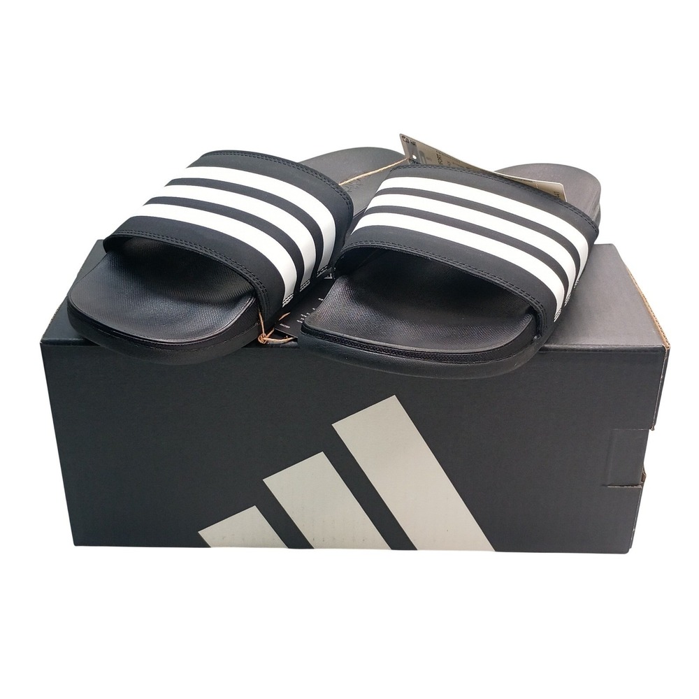 Adidas Adilette Comfort Slides Women Size 8 Black White 3-Stripes Sandals JS4313
